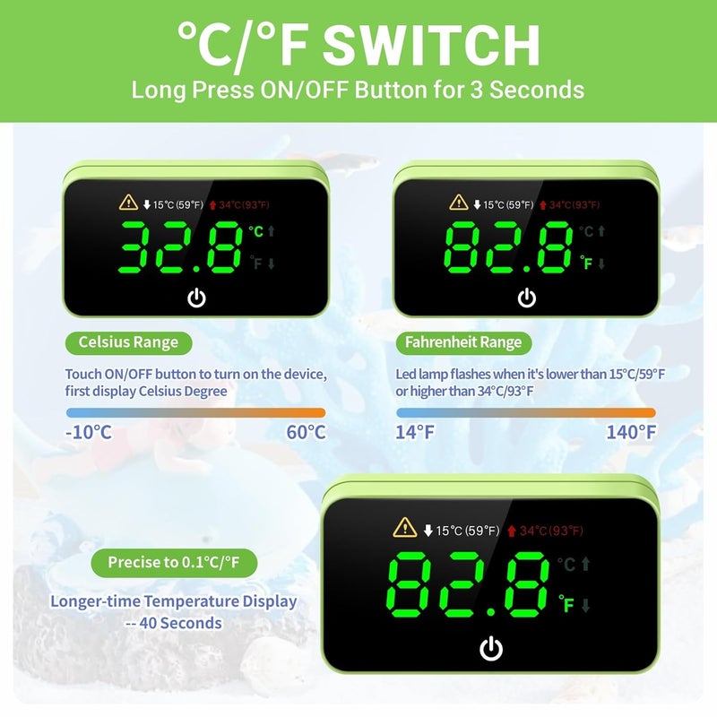 Moonorange Digital Aquarium Thermometer, Stick-on Fish Tank Thermometer with LED Display, Wireless Aquarium Temperature Measurement with Battery-Change Tool and Extra Sticker.(Green*2) - Image 3